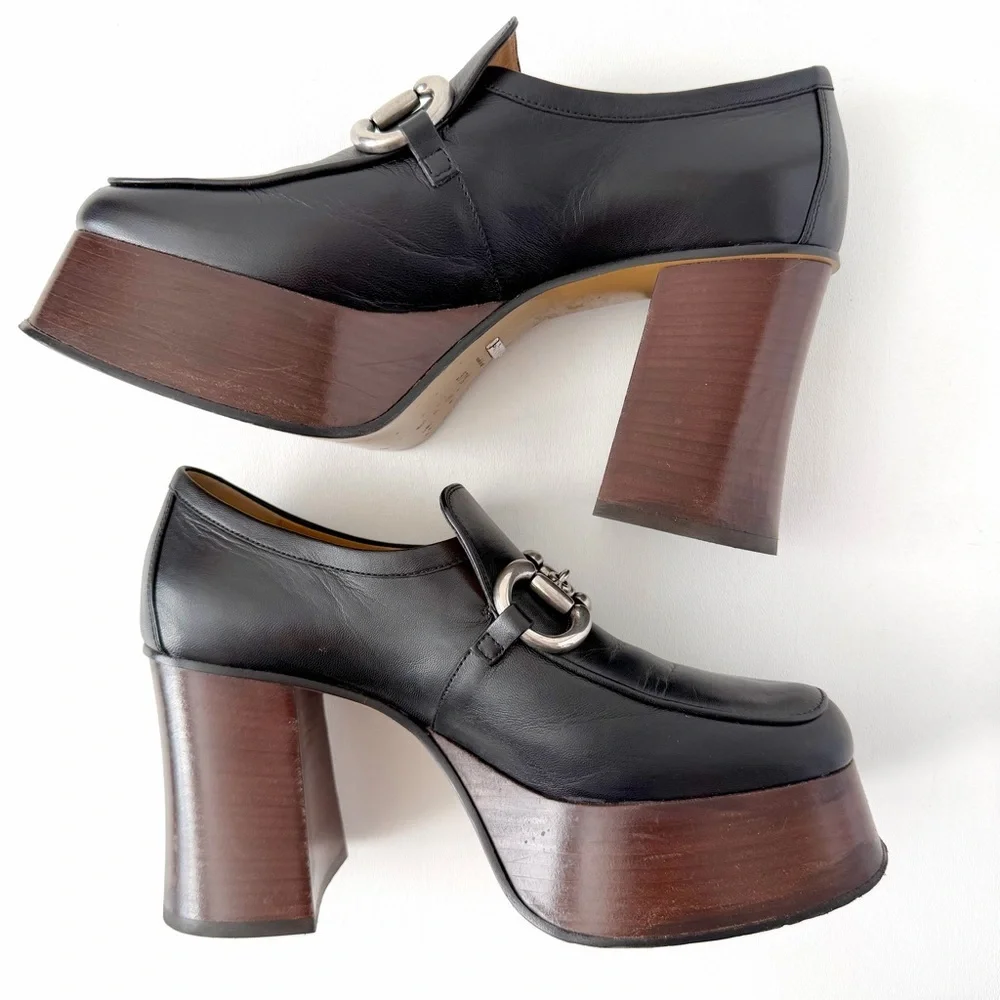 GUCCI | Black Leather Horsebit Platform Loafers Block Heel EU 37.5‎